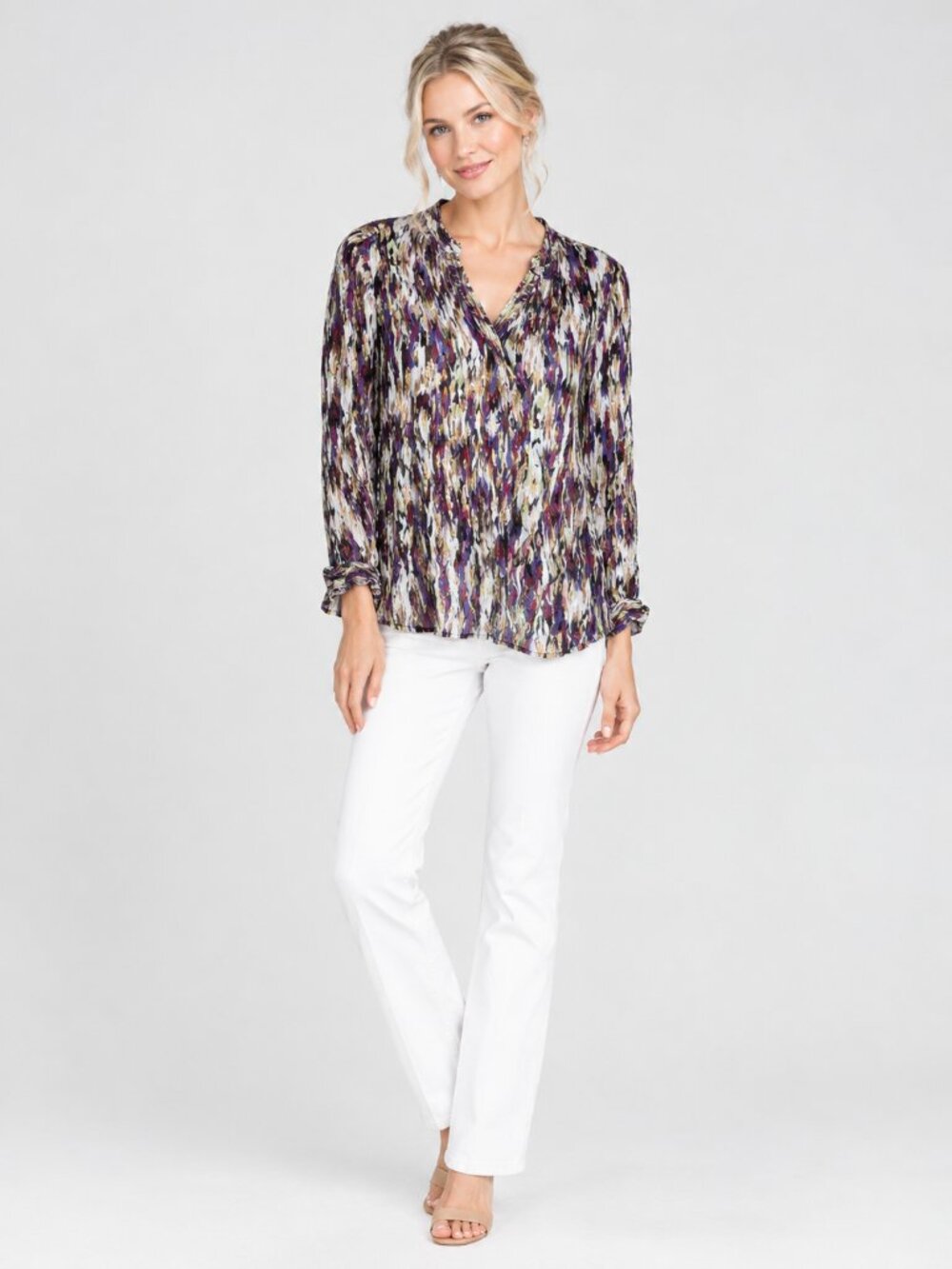 2/$30 Chico's Abstract Ikat Textured Metallic Crinkle Top Purple Gold 14 #A4897